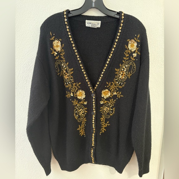 Alfred Dunner Sweaters - Alfred Dunner Black Cardigan with Gold Embroidery